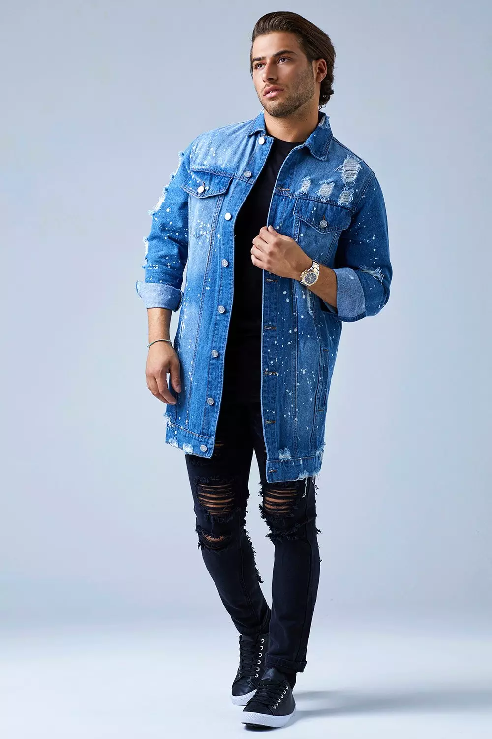 Mid Blue Distressed Longline Denim Jacket boohooMAN USA